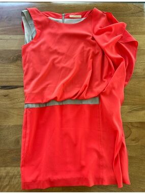 MINIMUM Coral and Gray Asymmetric Sleeve Dress w/ soft draping - Size 6/Medium